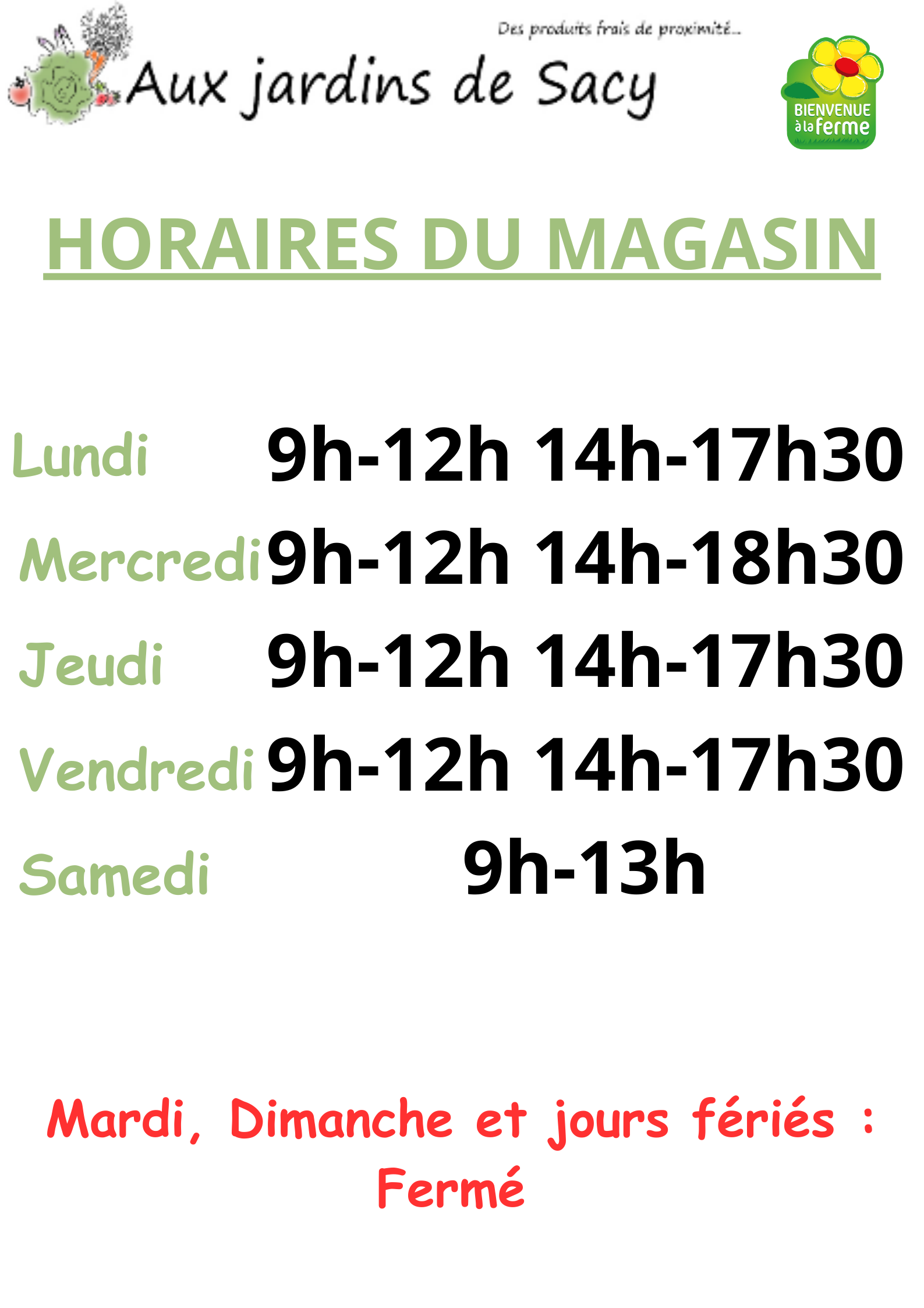 Nos horaires à la ferme